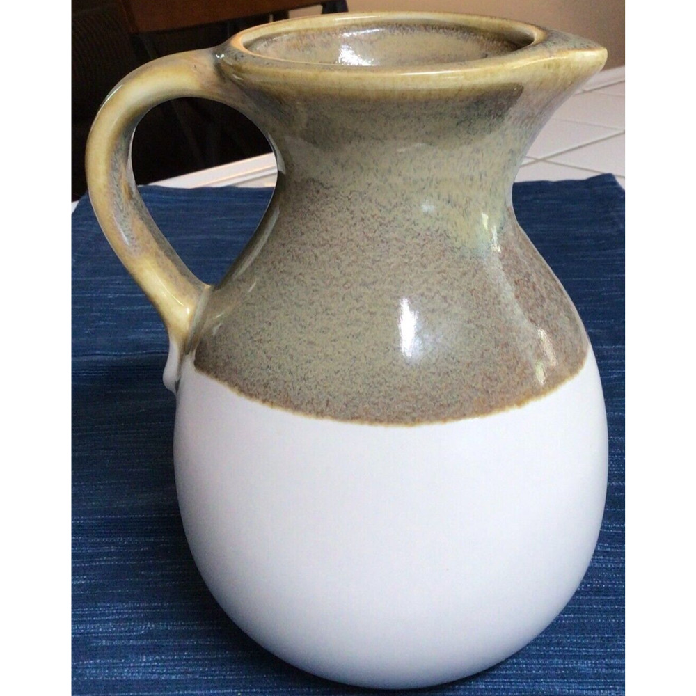 Vtg Two Tone Unmarked Pottery Ceramic Brown White Pitcher 9" 721A